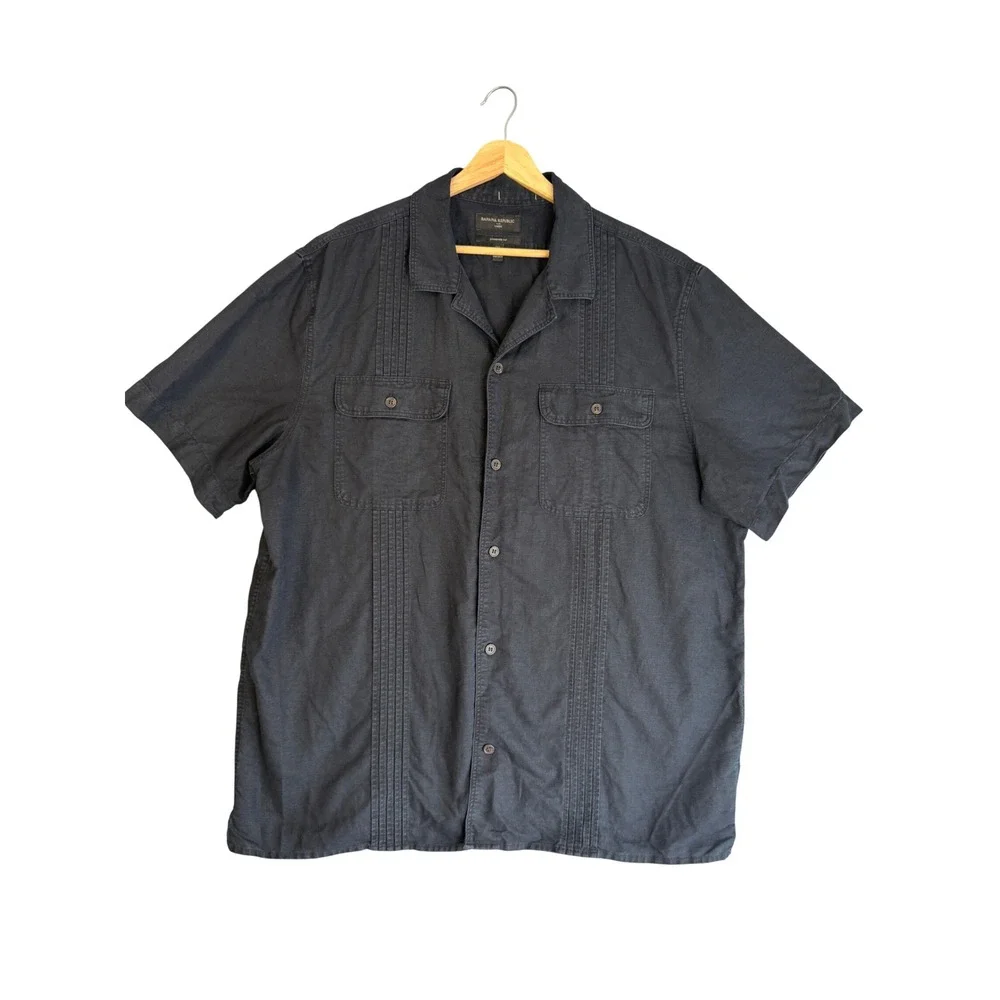 Banana Republic Linen Blend SS Safari Shirt Mens XL Tall Black Coastal Guayabera